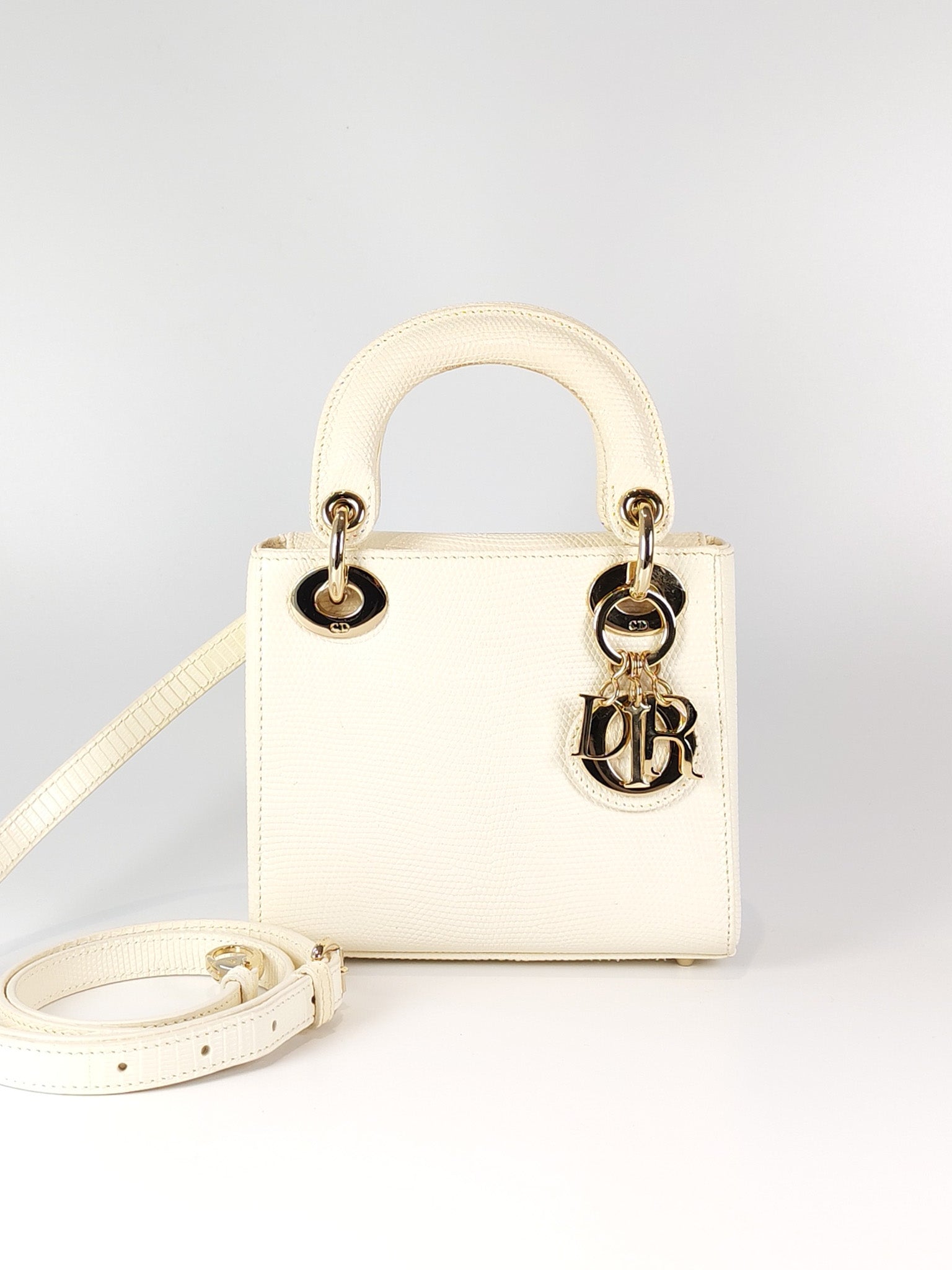 Lady Dior Mini in White Lizzard Leather & Light Gold Hardware | Purse Maison Luxury Bags Shop
