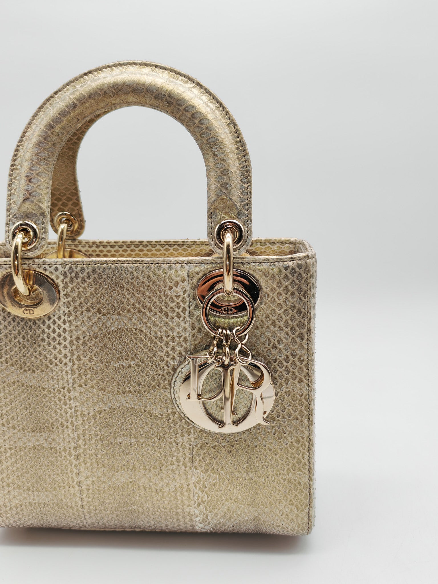 Lady Dior Python Small in Metallic Gold Snakeskin Leather Handbag Light Gold Hardware | Purse Maison Luxury Bags Shop
