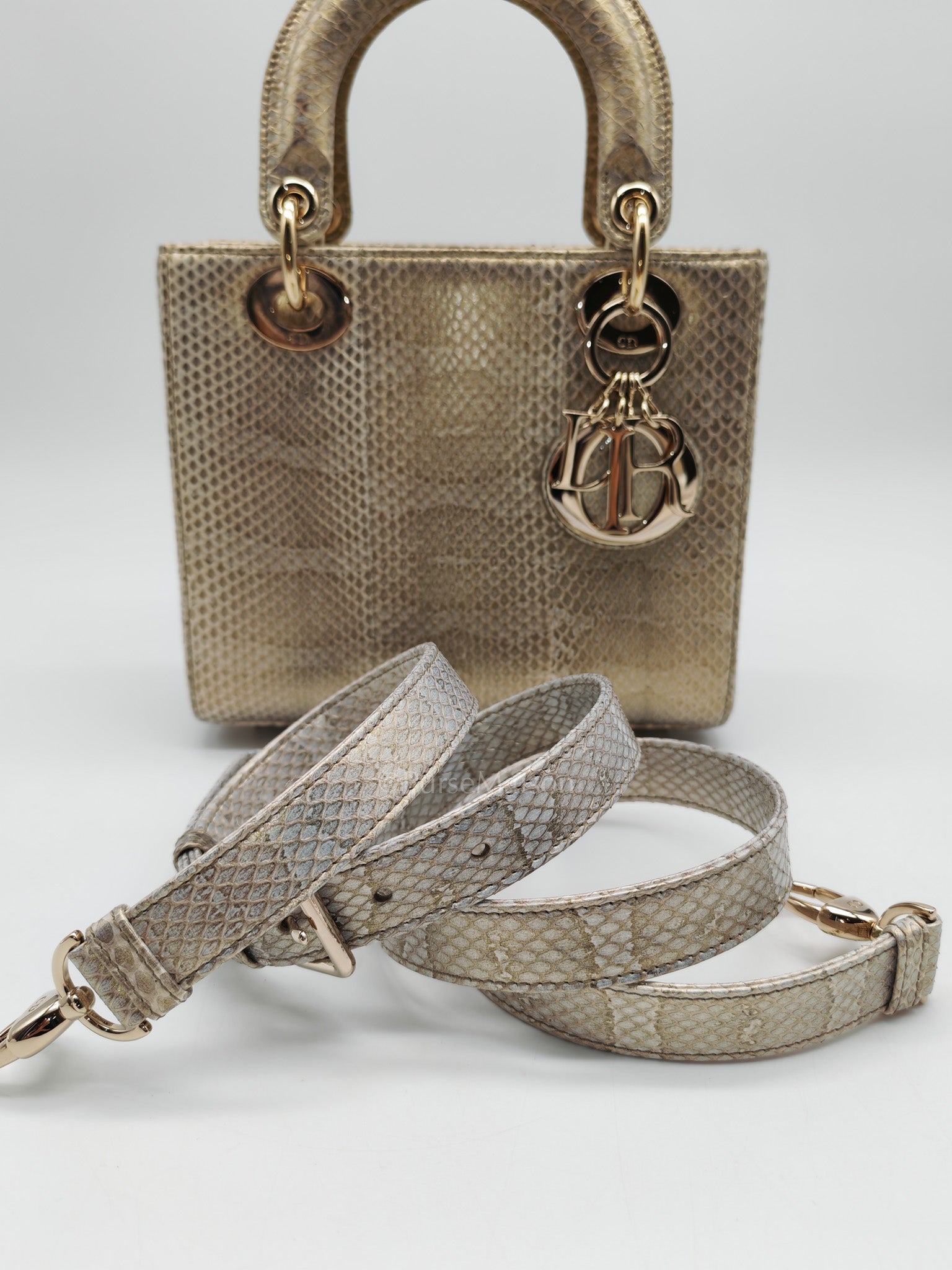 Lady Dior Python Small in Metallic Gold Snakeskin Leather Handbag Light Gold Hardware | Purse Maison Luxury Bags Shop