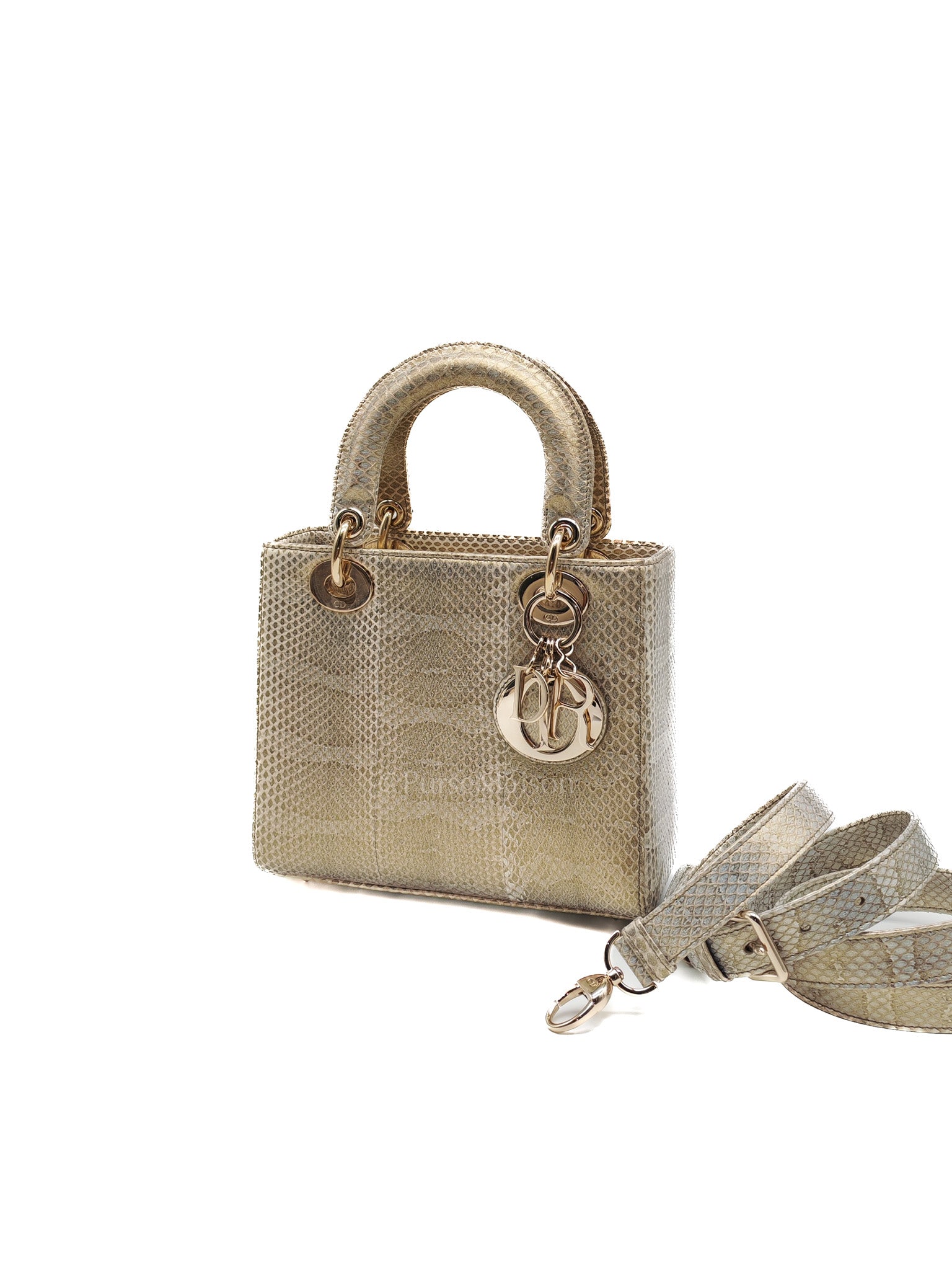 Lady Dior Python Small in Metallic Gold Snakeskin Leather Handbag Light Gold Hardware | Purse Maison Luxury Bags Shop