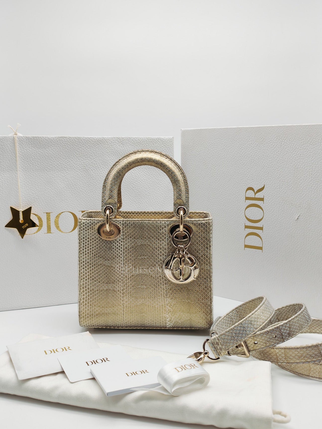 Lady Dior Python Small in Metallic Gold Snakeskin Leather Handbag Light Gold Hardware | Purse Maison Luxury Bags Shop
