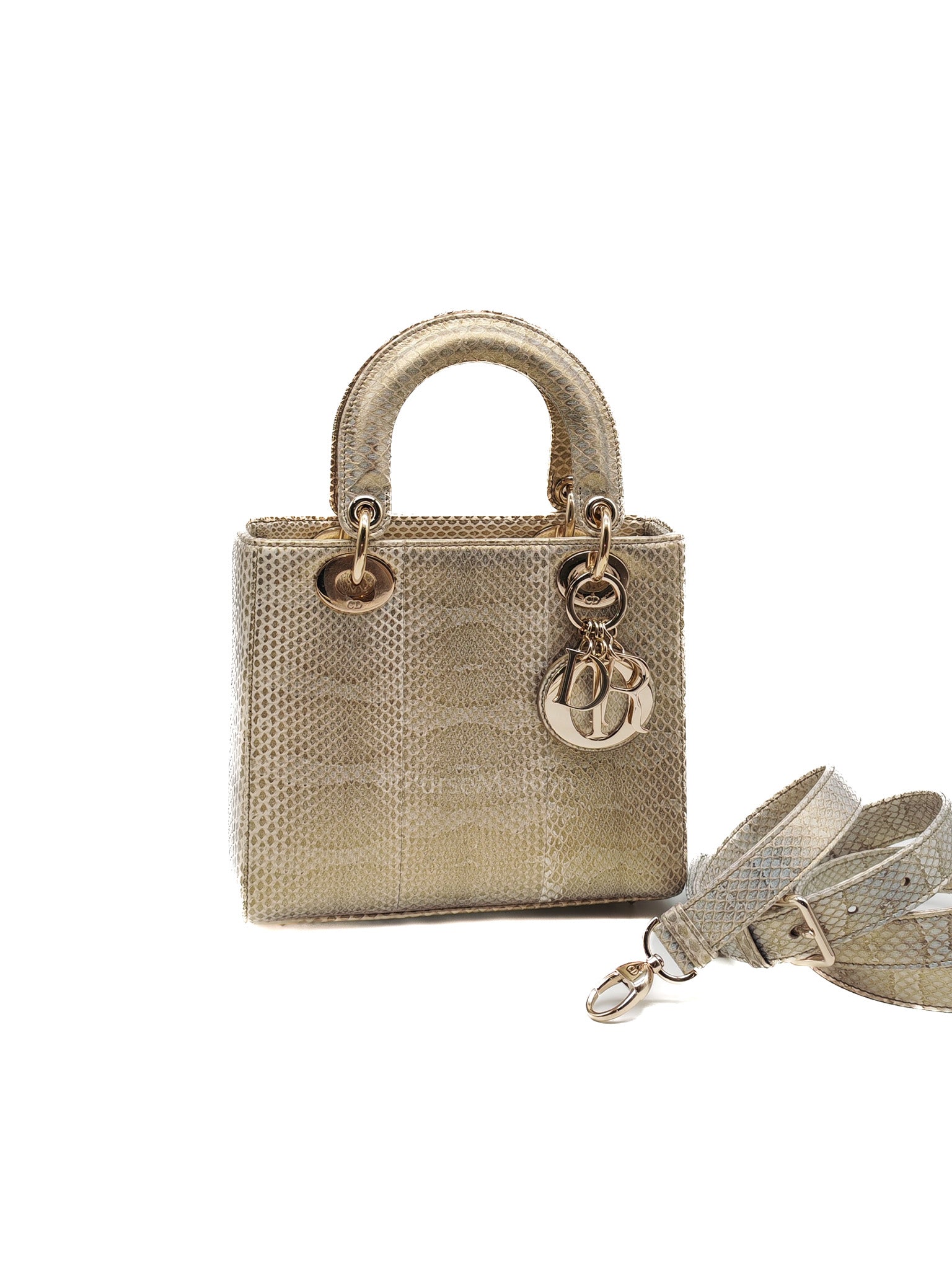 Lady Dior Python Small in Metallic Gold Snakeskin Leather Handbag Light Gold Hardware | Purse Maison Luxury Bags Shop