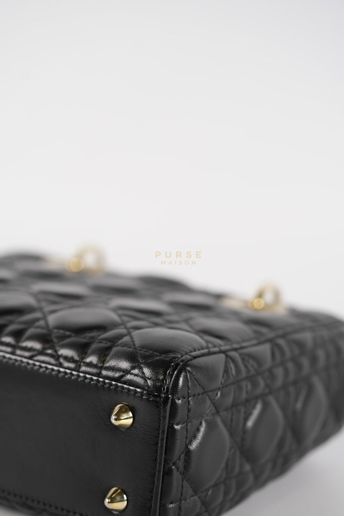 Lady Dior Small Lucky Badges in Black Cannage Lambskin Leather and Light Gold Hardware | Purse Maison Luxury Bags Shop