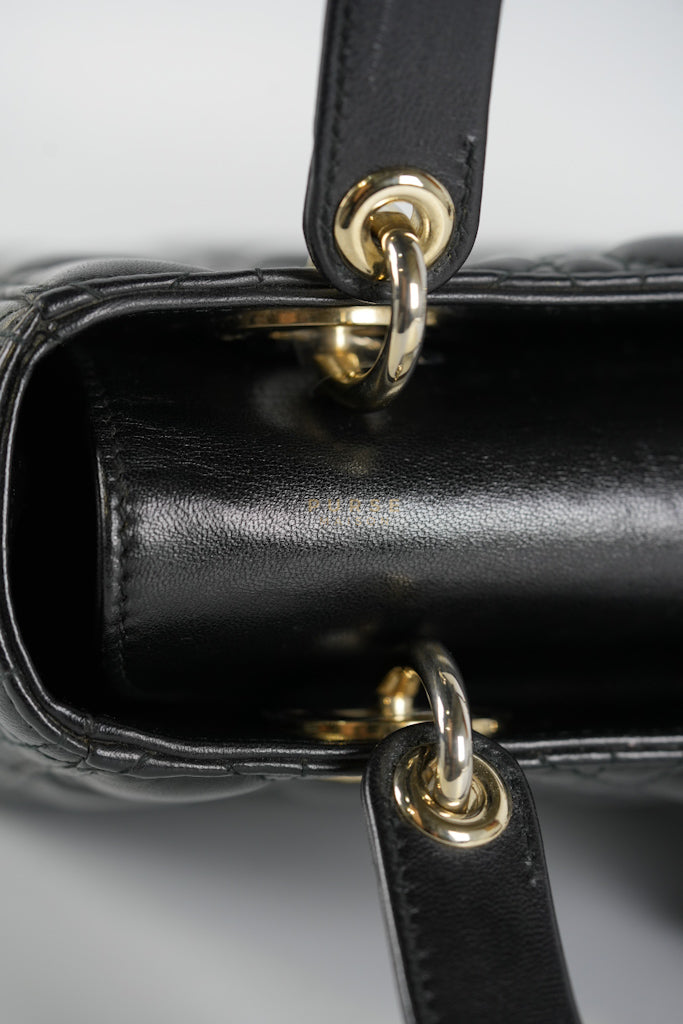 Lady Dior Small Lucky Badges in Black Cannage Lambskin Leather and Light Gold Hardware | Purse Maison Luxury Bags Shop