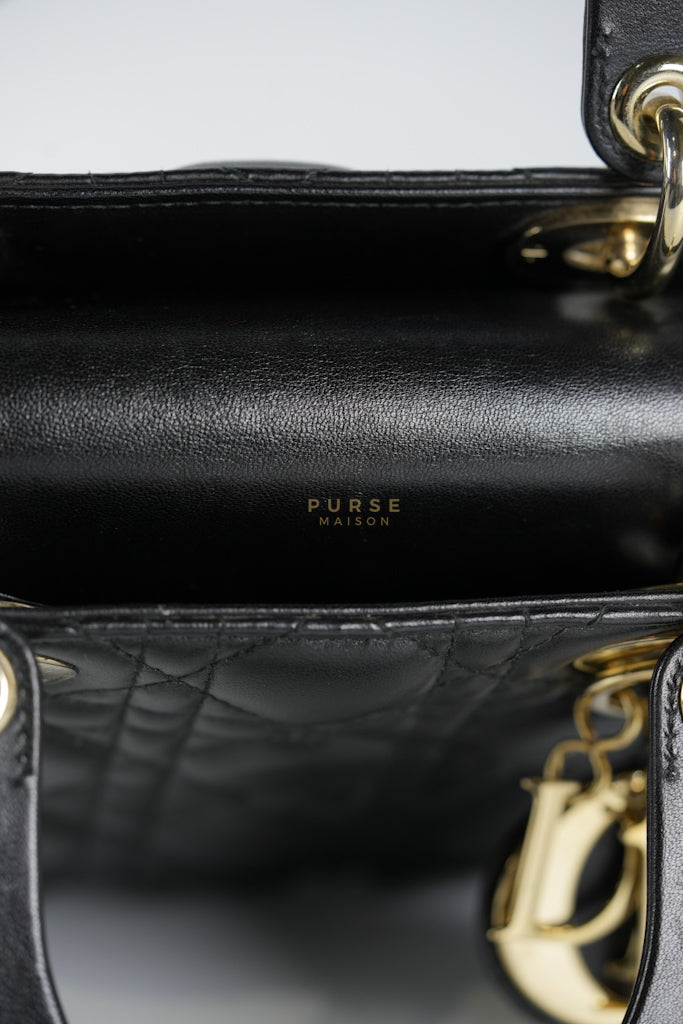 Lady Dior Small Lucky Badges in Black Cannage Lambskin Leather and Light Gold Hardware | Purse Maison Luxury Bags Shop