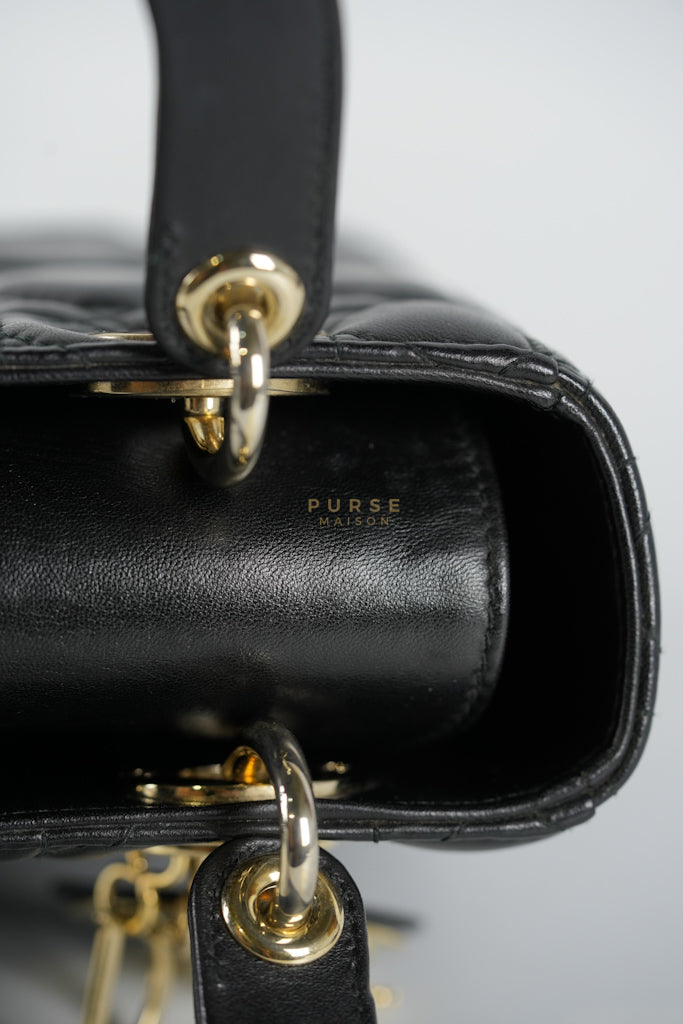 Lady Dior Small Lucky Badges in Black Cannage Lambskin Leather and Light Gold Hardware | Purse Maison Luxury Bags Shop