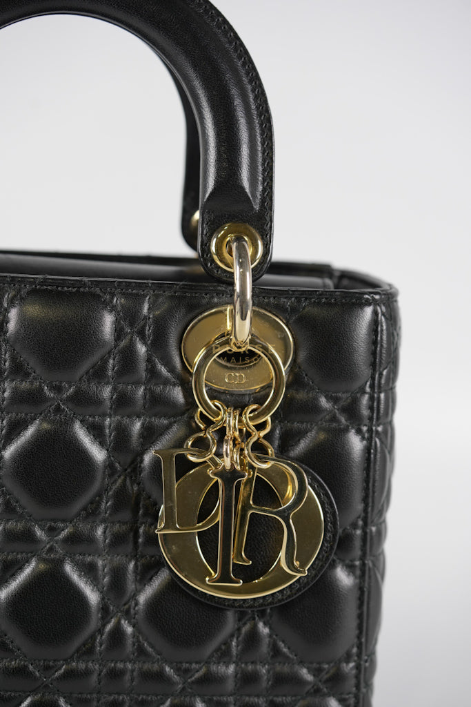 Lady Dior Small Lucky Badges in Black Cannage Lambskin Leather and Light Gold Hardware | Purse Maison Luxury Bags Shop