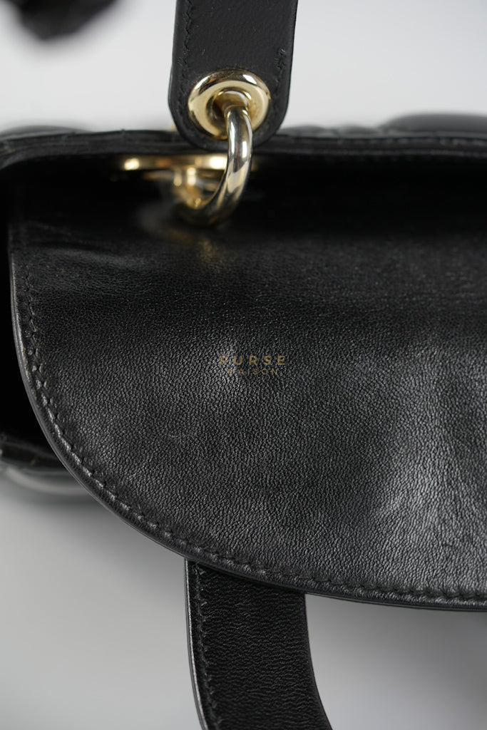 Lady Dior Small Lucky Badges in Black Cannage Lambskin Leather and Light Gold Hardware | Purse Maison Luxury Bags Shop