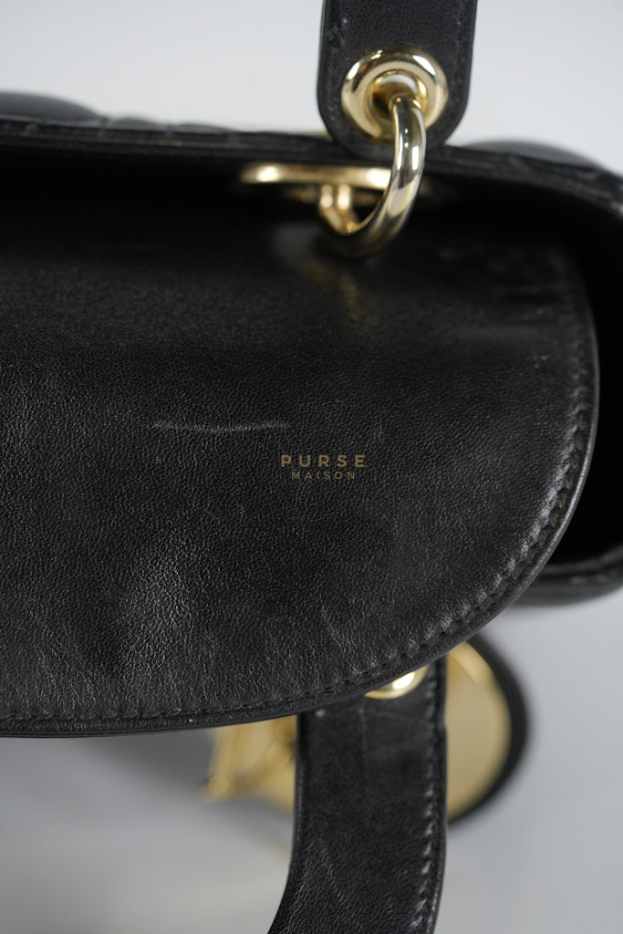 Lady Dior Small Lucky Badges in Black Cannage Lambskin Leather and Light Gold Hardware | Purse Maison Luxury Bags Shop