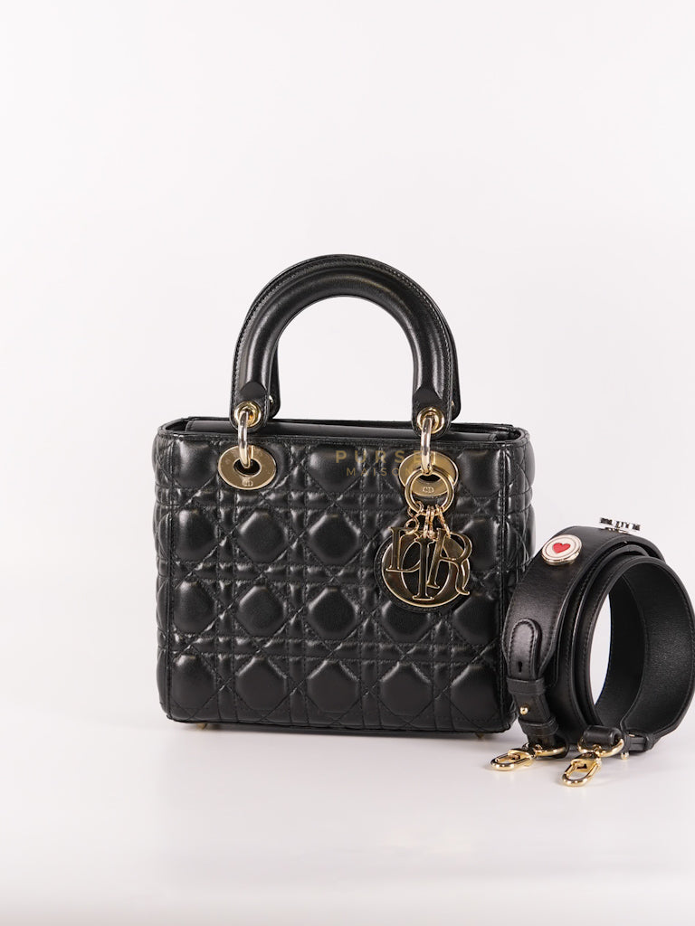 Lady Dior Small Lucky Badges in Black Cannage Lambskin Leather and Light Gold Hardware | Purse Maison Luxury Bags Shop