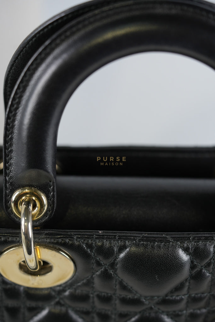 Lady Dior Small Lucky Badges in Black Cannage Lambskin Leather and Light Gold Hardware | Purse Maison Luxury Bags Shop