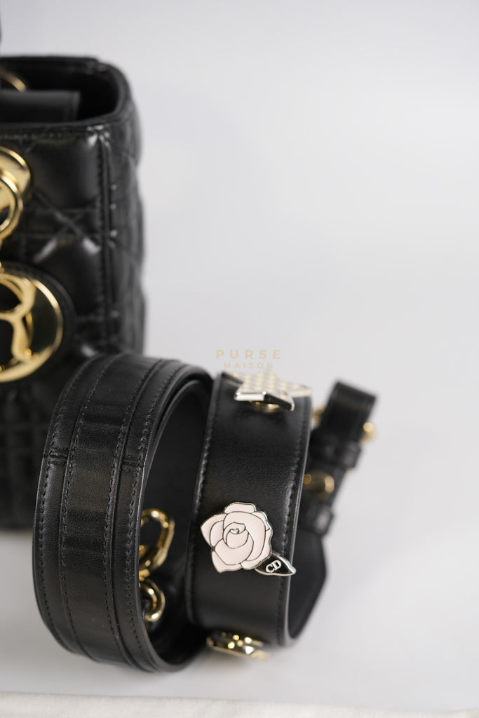 Lady Dior Small Lucky Badges in Black Cannage Lambskin Leather and Light Gold Hardware | Purse Maison Luxury Bags Shop