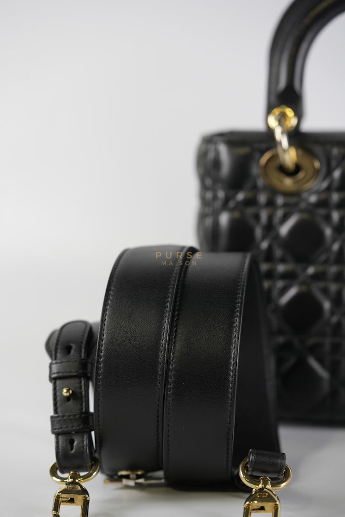 Lady Dior Small Lucky Badges in Black Cannage Lambskin Leather and Light Gold Hardware | Purse Maison Luxury Bags Shop