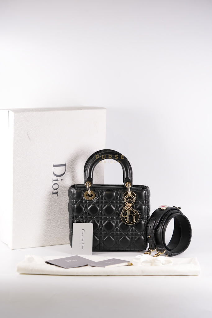 Lady Dior Small Lucky Badges in Black Cannage Lambskin Leather and Light Gold Hardware | Purse Maison Luxury Bags Shop