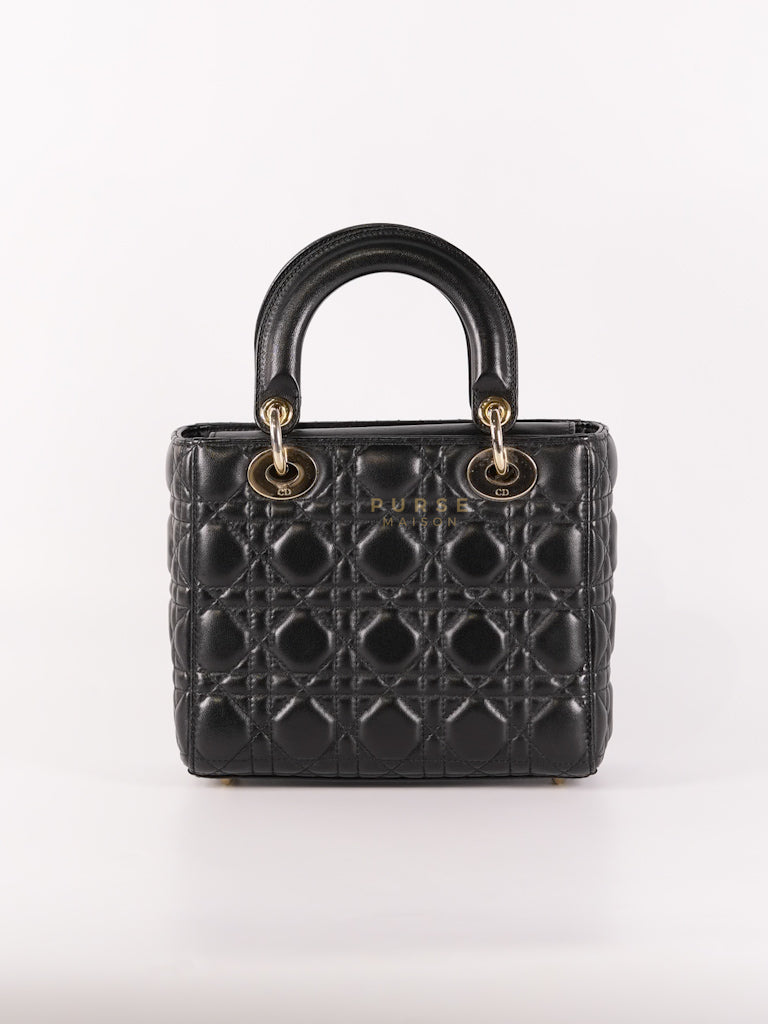 Lady Dior Small Lucky Badges in Black Cannage Lambskin Leather and Light Gold Hardware | Purse Maison Luxury Bags Shop
