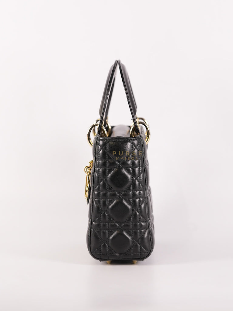 Lady Dior Small Lucky Badges in Black Cannage Lambskin Leather and Light Gold Hardware | Purse Maison Luxury Bags Shop