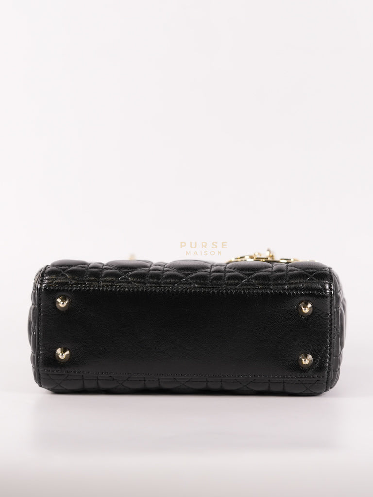 Lady Dior Small Lucky Badges in Black Cannage Lambskin Leather and Light Gold Hardware | Purse Maison Luxury Bags Shop