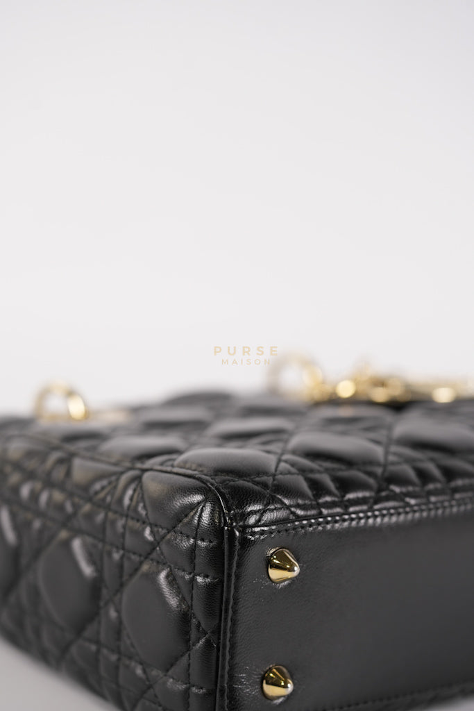 Lady Dior Small Lucky Badges in Black Cannage Lambskin Leather and Light Gold Hardware | Purse Maison Luxury Bags Shop