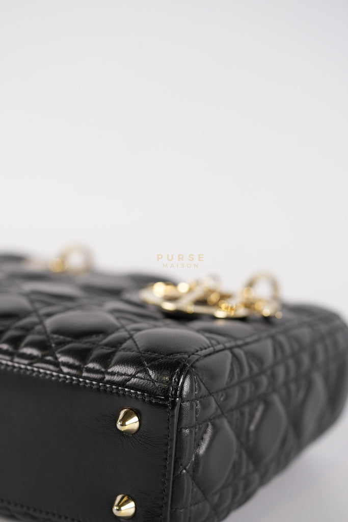 Lady Dior Small Lucky Badges in Black Cannage Lambskin Leather and Light Gold Hardware | Purse Maison Luxury Bags Shop