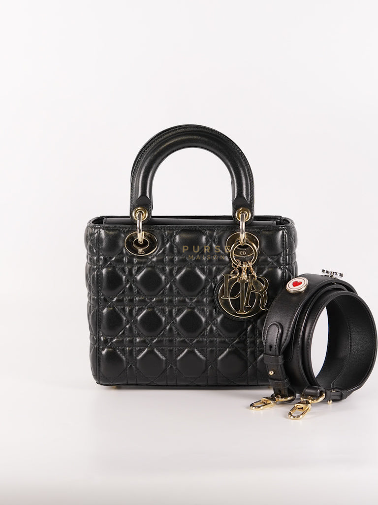 Lady Dior Small Lucky Badges in Black Cannage Lambskin Leather and Light Gold Hardware | Purse Maison Luxury Bags Shop