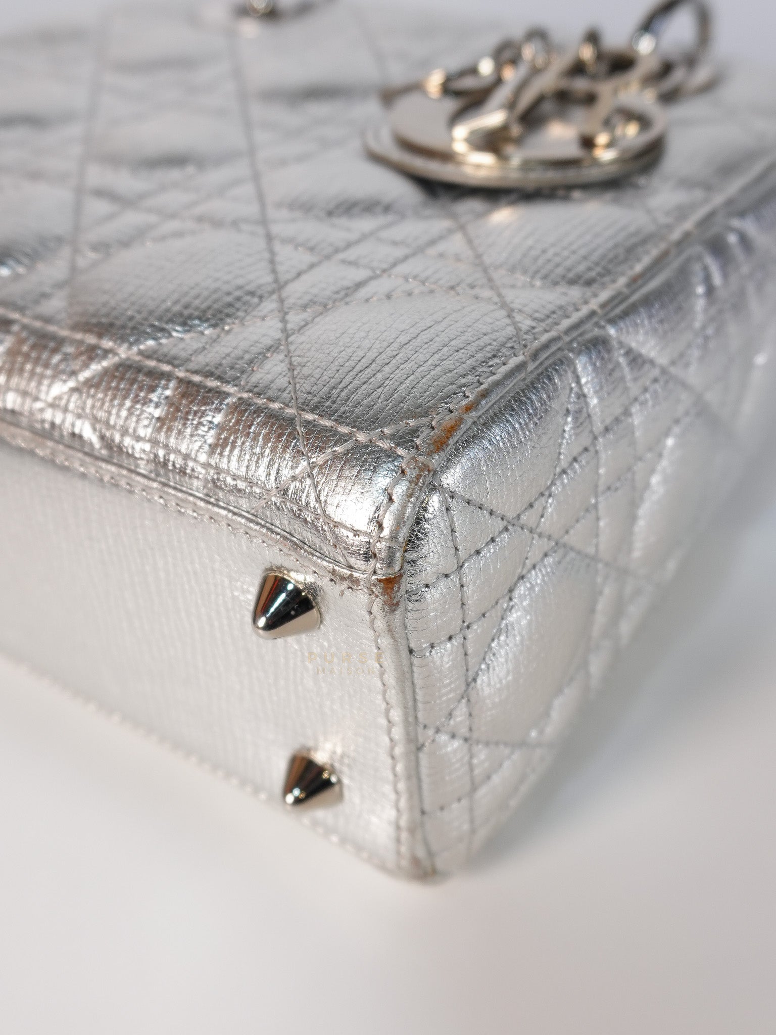 Lady Dior Small ADCDior Metallic Silver Grained Calfskin Leather | Purse Maison Luxury Bags Shop