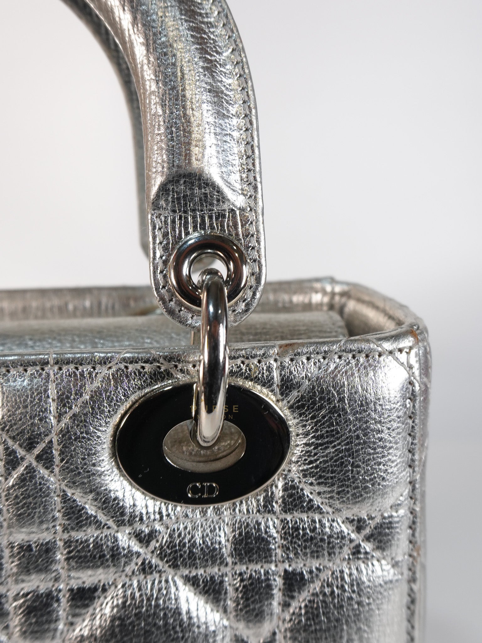 Lady Dior Small ADCDior Metallic Silver Grained Calfskin Leather | Purse Maison Luxury Bags Shop