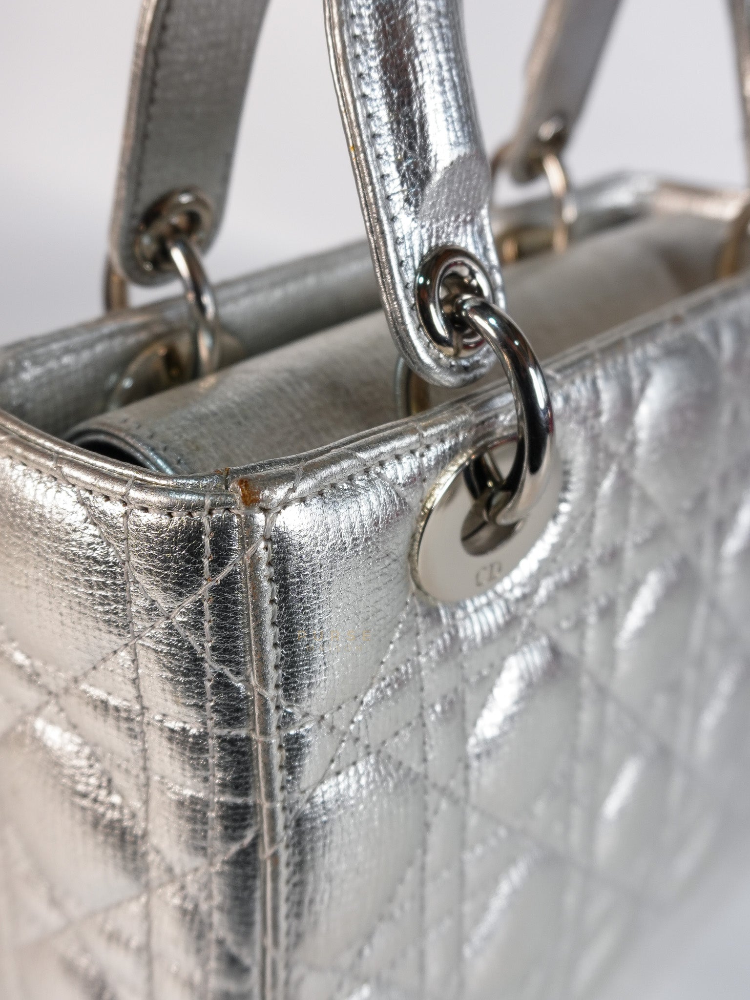 Lady Dior Small ADCDior Metallic Silver Grained Calfskin Leather | Purse Maison Luxury Bags Shop