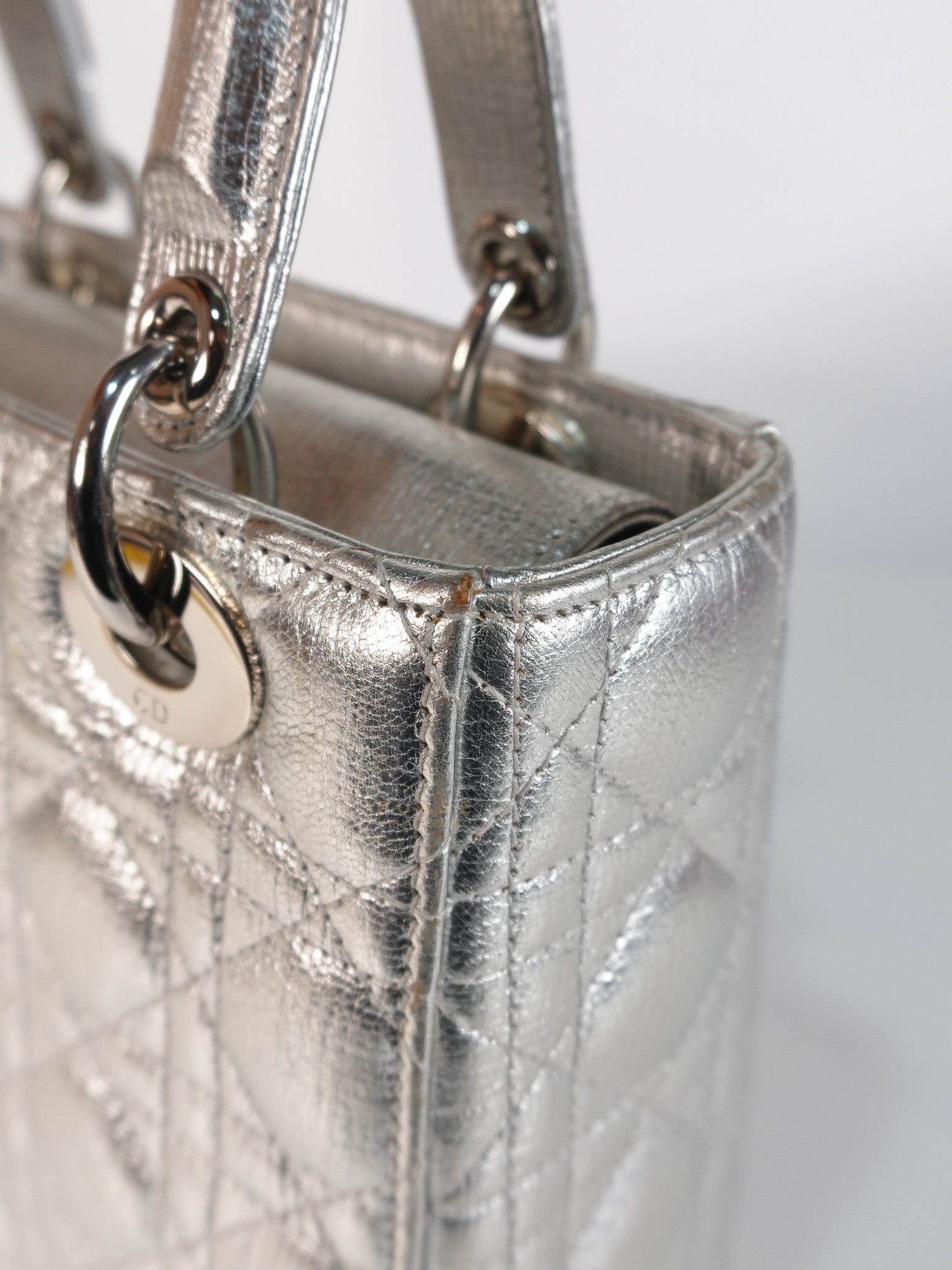 Lady Dior Small ADCDior Metallic Silver Grained Calfskin Leather | Purse Maison Luxury Bags Shop