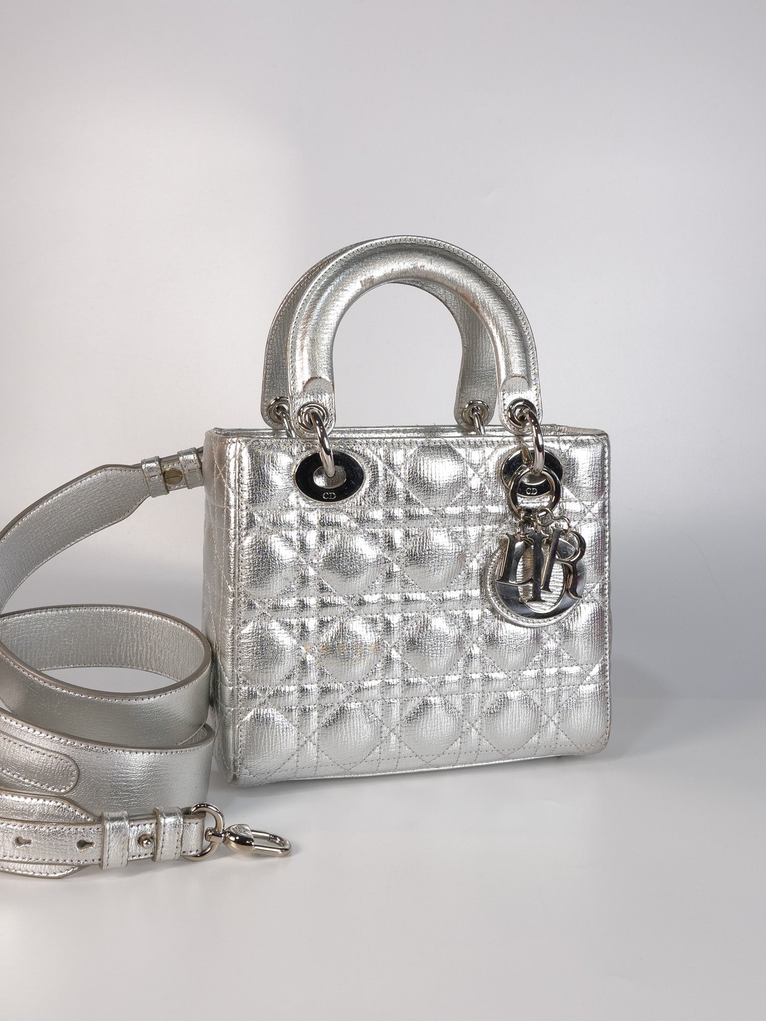 Lady Dior Small ADCDior Metallic Silver Grained Calfskin Leather | Purse Maison Luxury Bags Shop