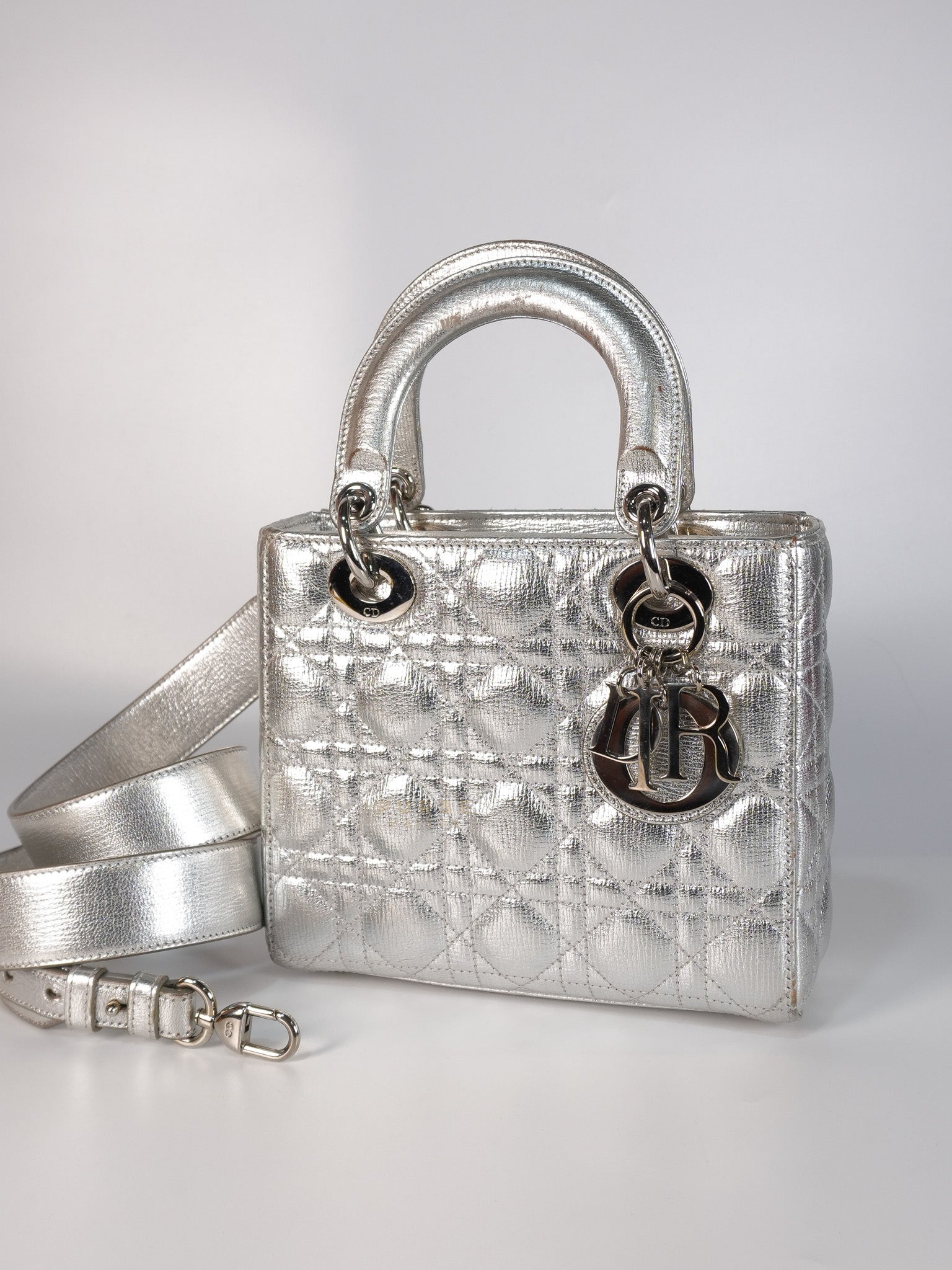 Lady Dior Small ADCDior Metallic Silver Grained Calfskin Leather | Purse Maison Luxury Bags Shop