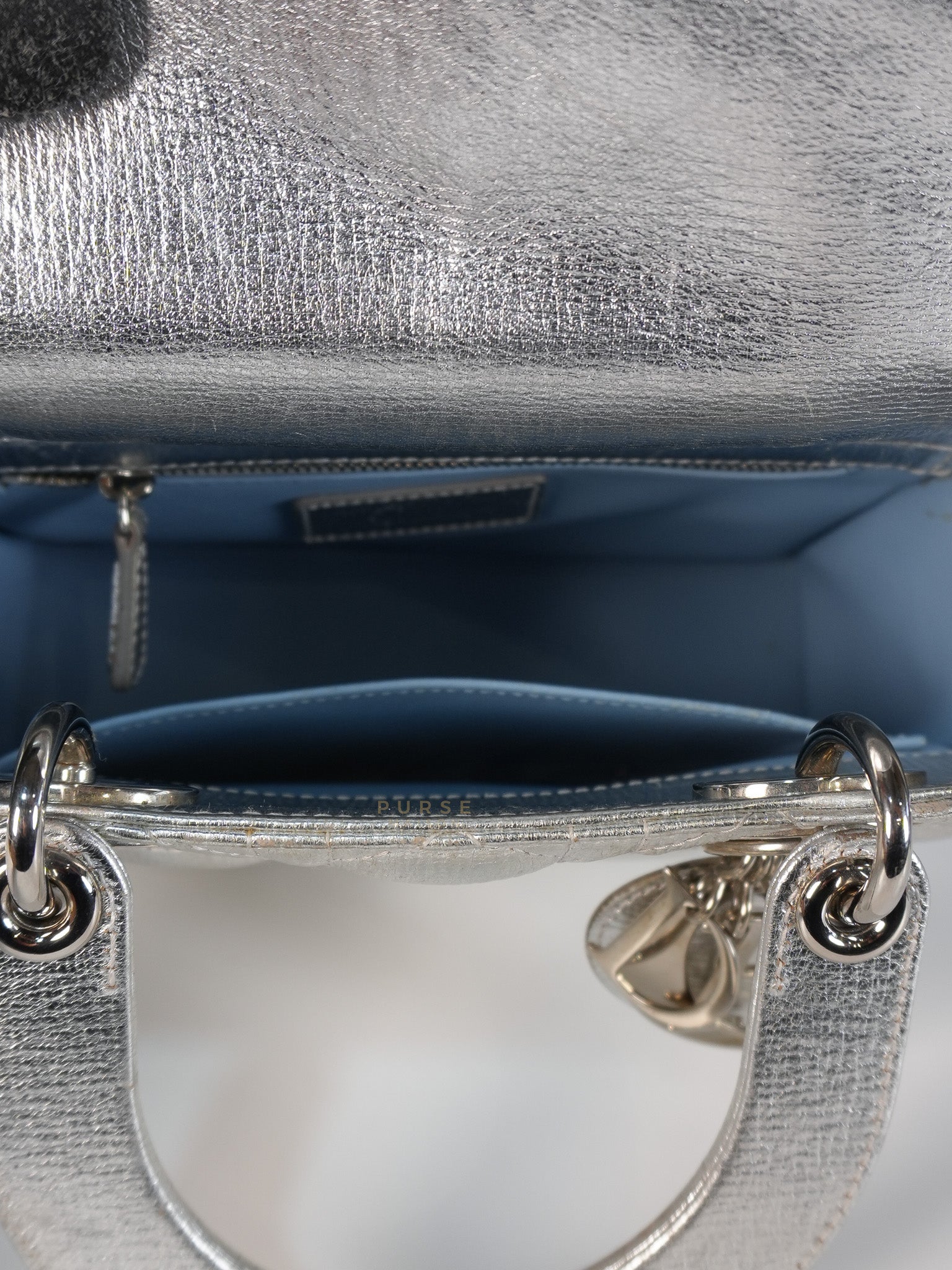 Lady Dior Small ADCDior Metallic Silver Grained Calfskin Leather | Purse Maison Luxury Bags Shop