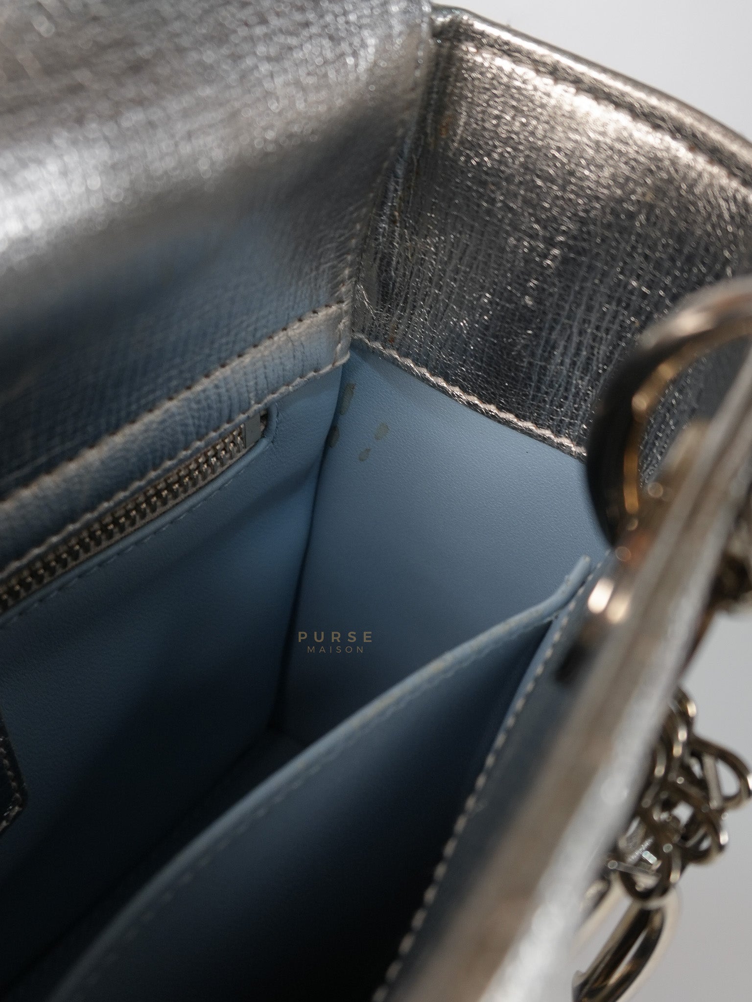 Lady Dior Small ADCDior Metallic Silver Grained Calfskin Leather | Purse Maison Luxury Bags Shop