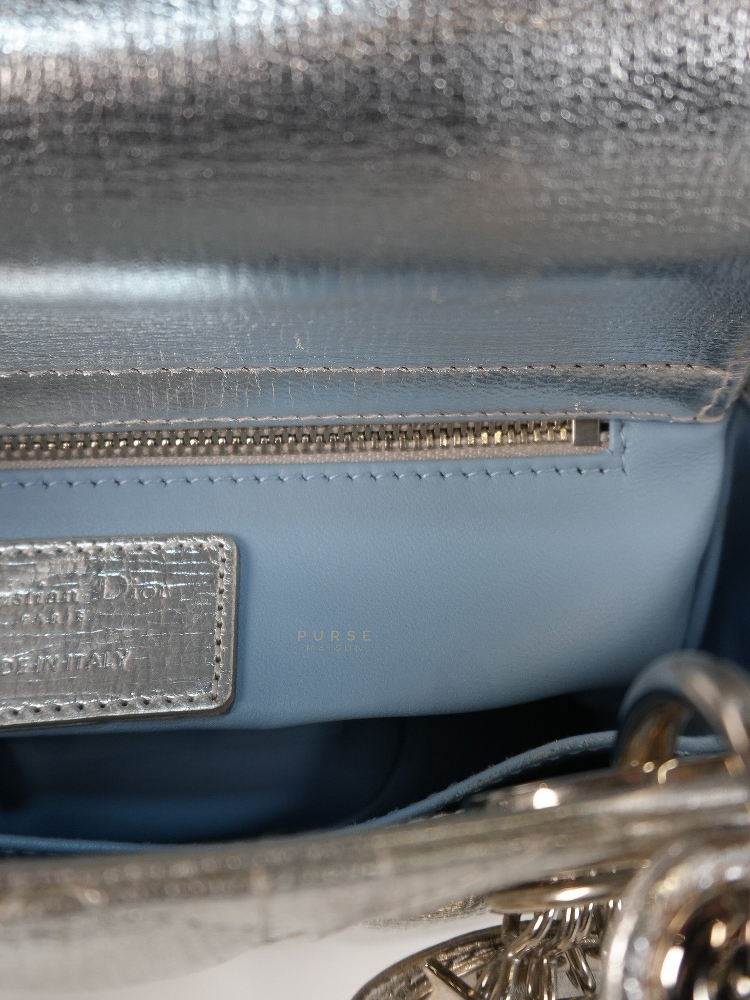 Lady Dior Small ADCDior Metallic Silver Grained Calfskin Leather | Purse Maison Luxury Bags Shop