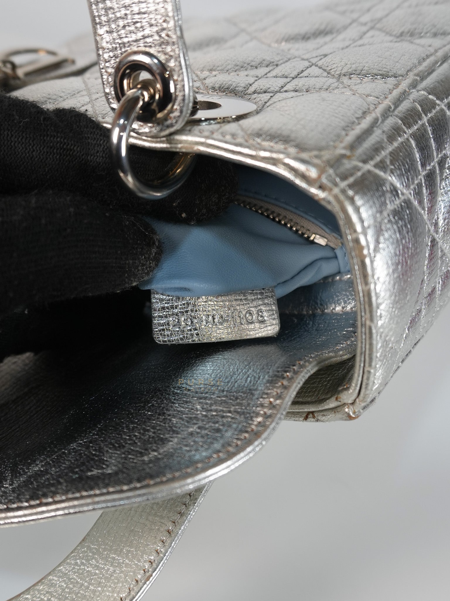 Lady Dior Small ADCDior Metallic Silver Grained Calfskin Leather | Purse Maison Luxury Bags Shop