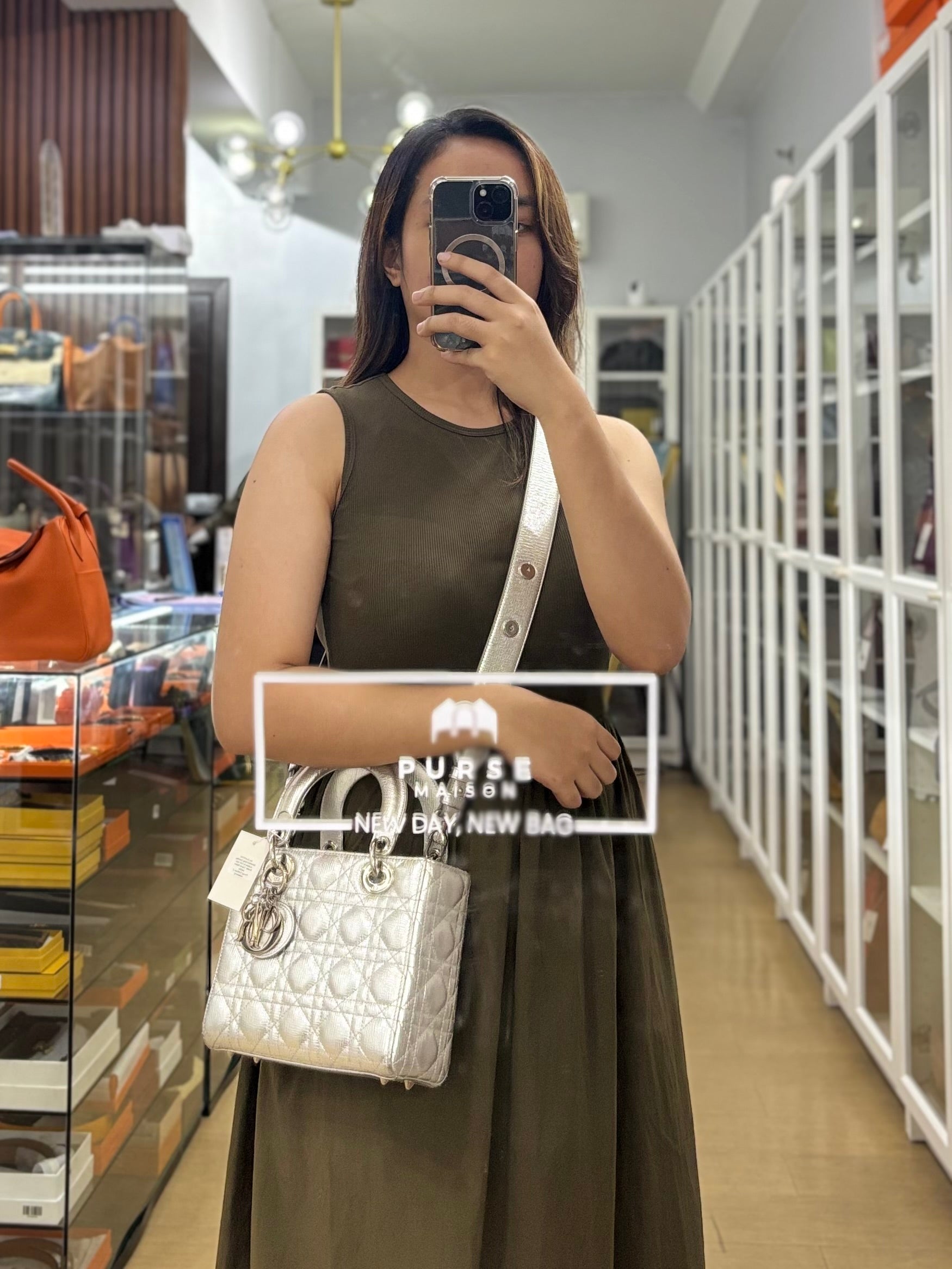 Lady Dior Small ADCDior Metallic Silver Grained Calfskin Leather | Purse Maison Luxury Bags Shop