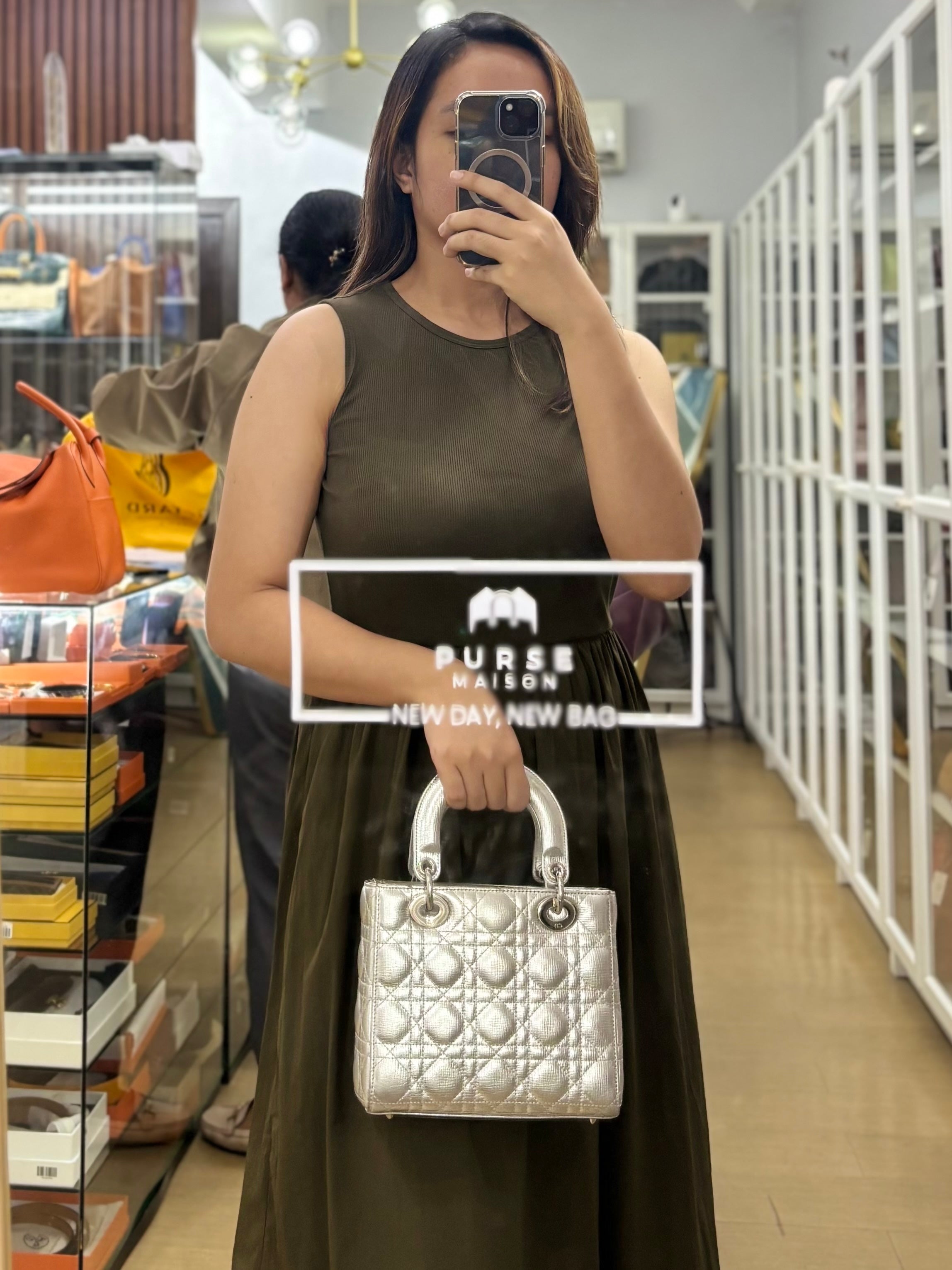 Lady Dior Small ADCDior Metallic Silver Grained Calfskin Leather | Purse Maison Luxury Bags Shop