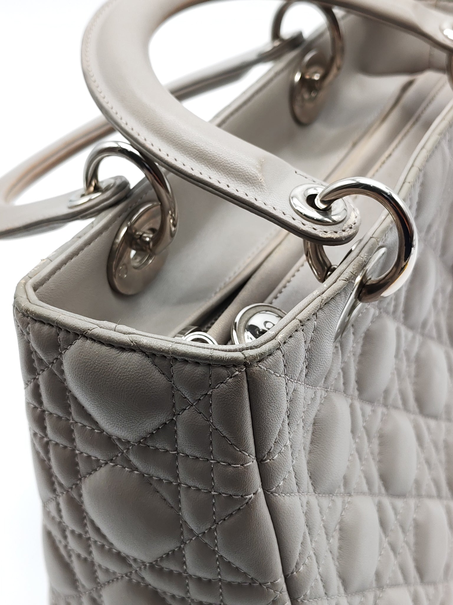 Lady Dior Vintage Medium in Gray Quilted Cannage Lambskin Leather & Silver Hardware | Purse Maison Luxury Bags Shop