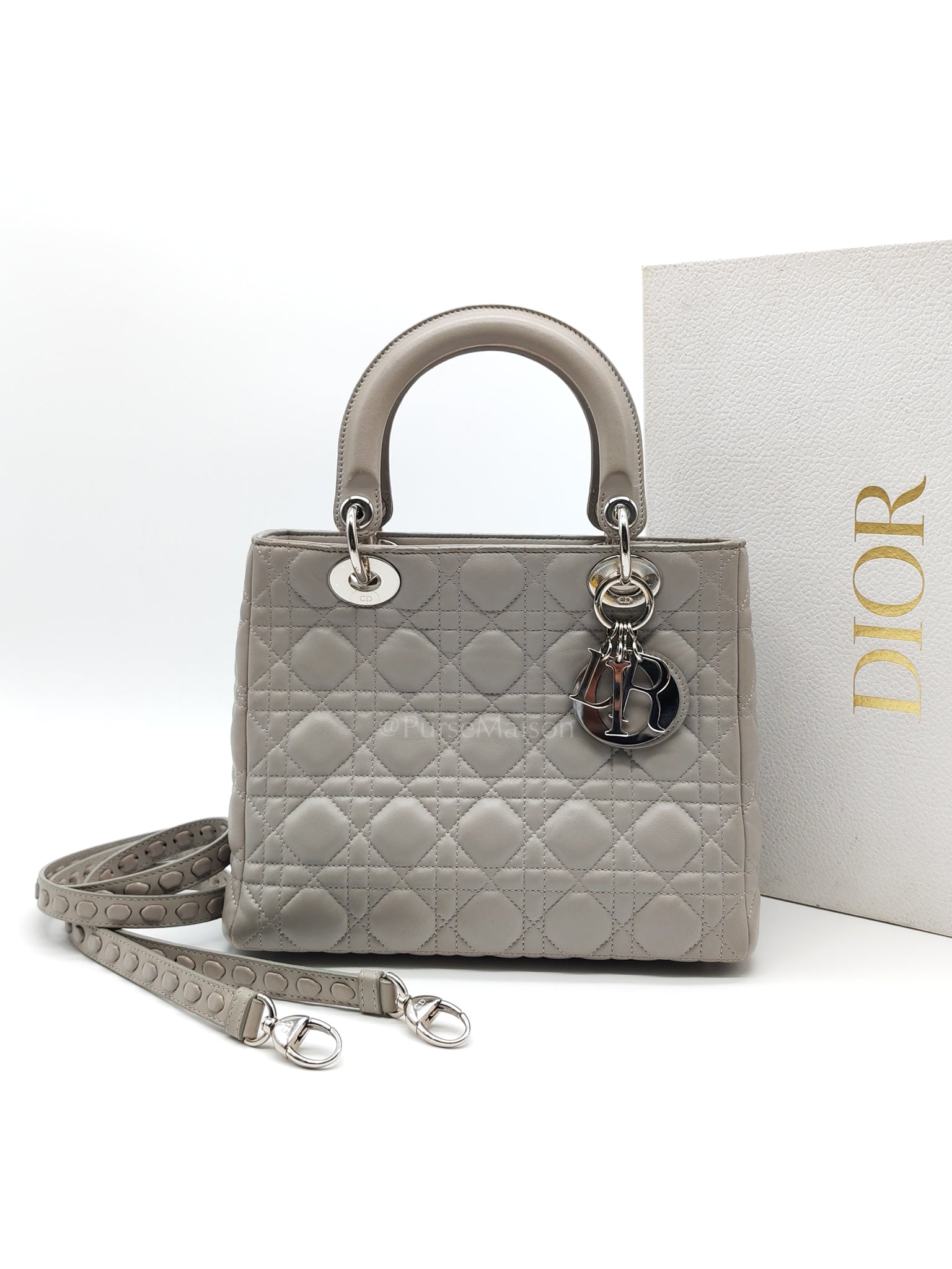 Lady Dior Vintage Medium in Gray Quilted Cannage Lambskin Leather & Silver Hardware | Purse Maison Luxury Bags Shop