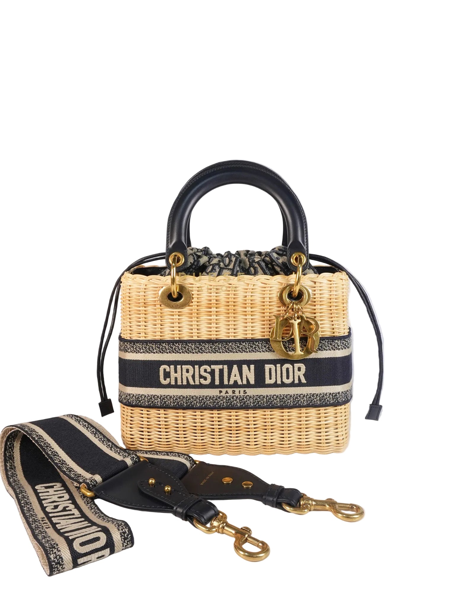 Lady Dior Wicker Medium in Blue Natural Rattan & Oblique Jacquard | Purse Maison Luxury Bags Shop