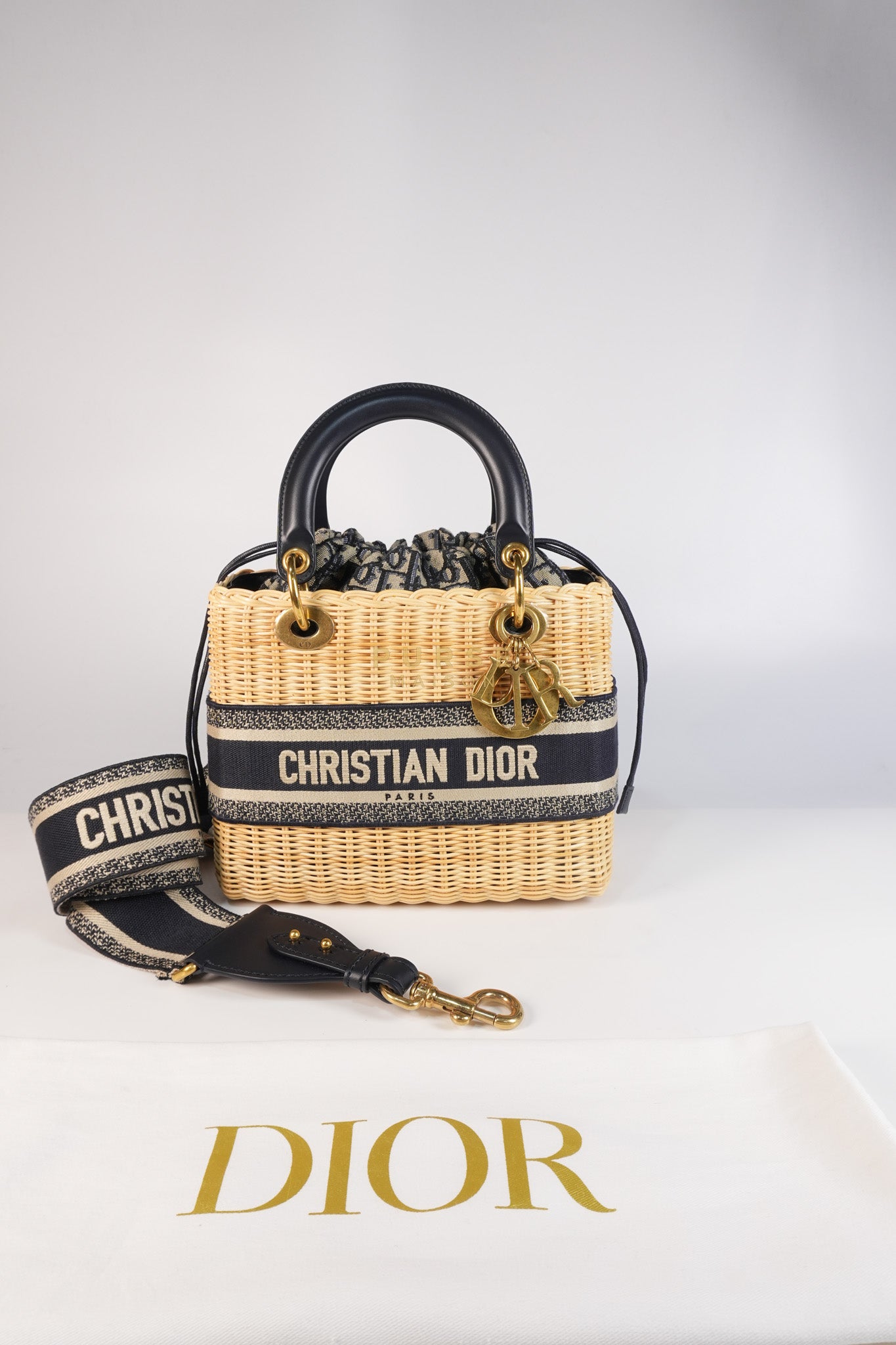 Lady Dior Wicker Medium in Blue Natural Rattan & Oblique Jacquard | Purse Maison Luxury Bags Shop
