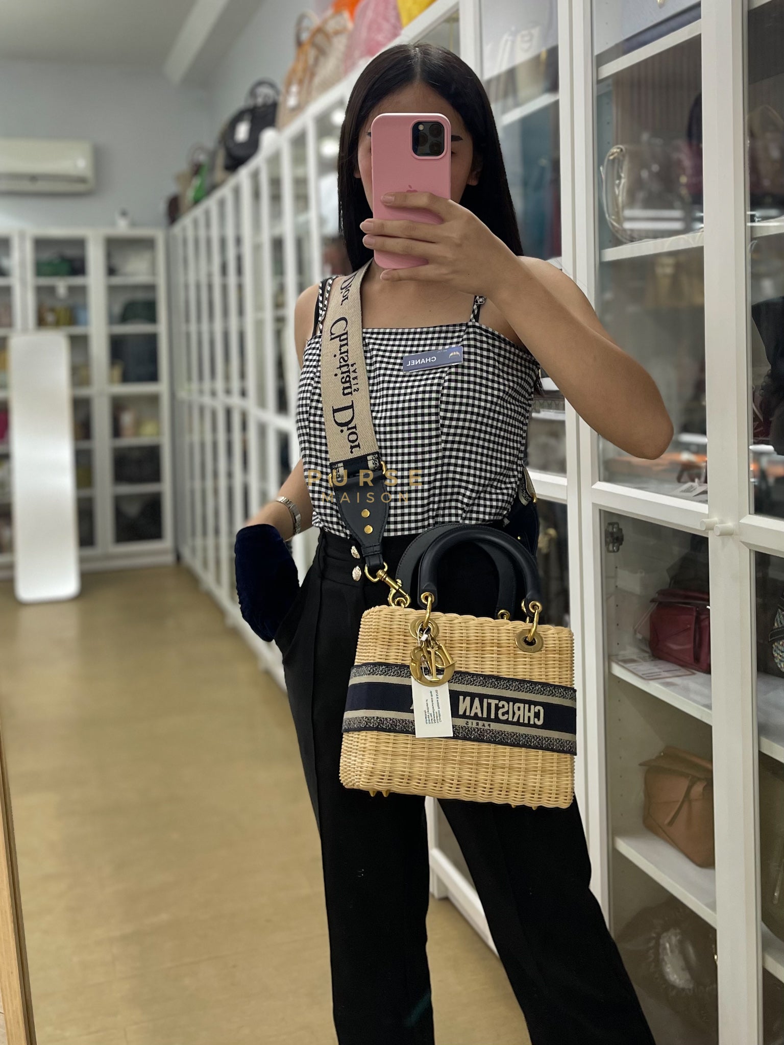 Lady Dior Wicker Medium in Blue Natural Rattan & Oblique Jacquard | Purse Maison Luxury Bags Shop