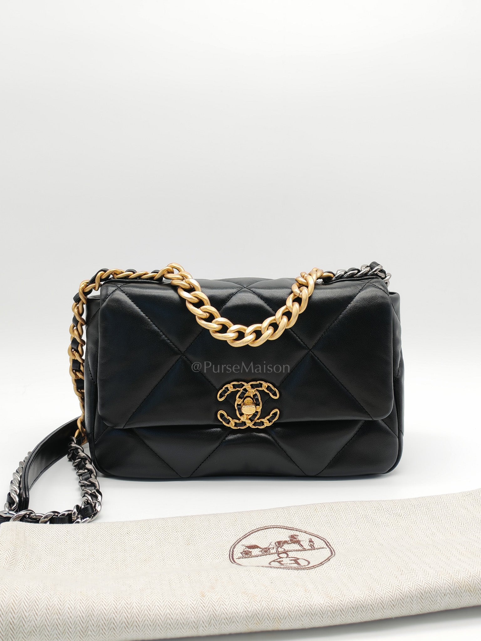 19 Small in Black Quilted Shiny Lambskin & Mix Hardware Microchip