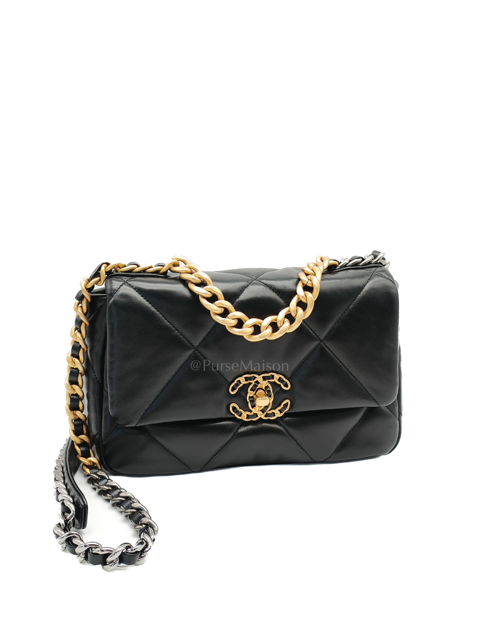 19 Small in Black Quilted Shiny Lambskin & Mix Hardware Microchip