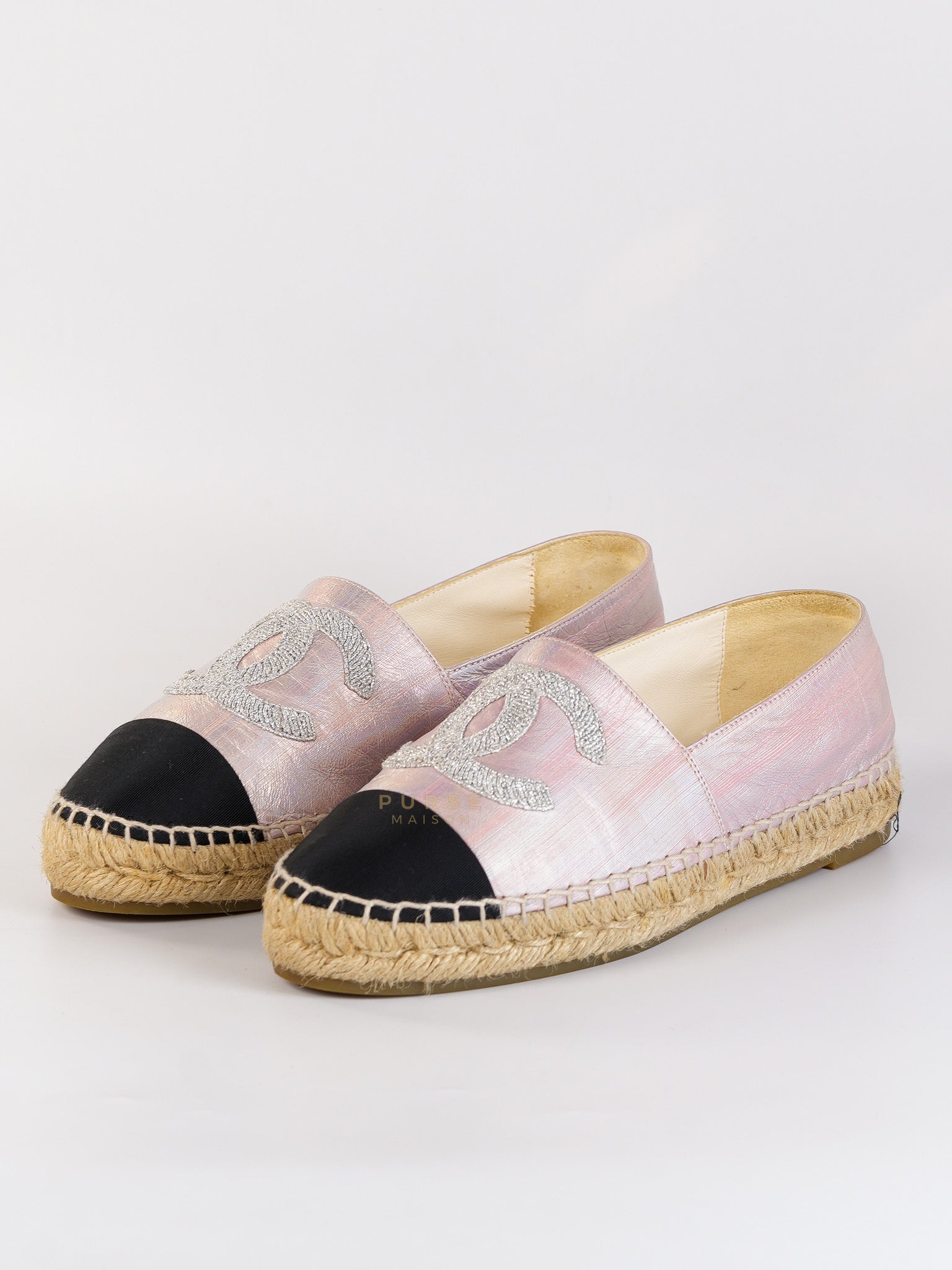 Laminated Lambskin Pink Grosgrain Embroidered CC Espadrilles Size 39 EU (24.5cm) | Purse Maison Luxury Bags Shop