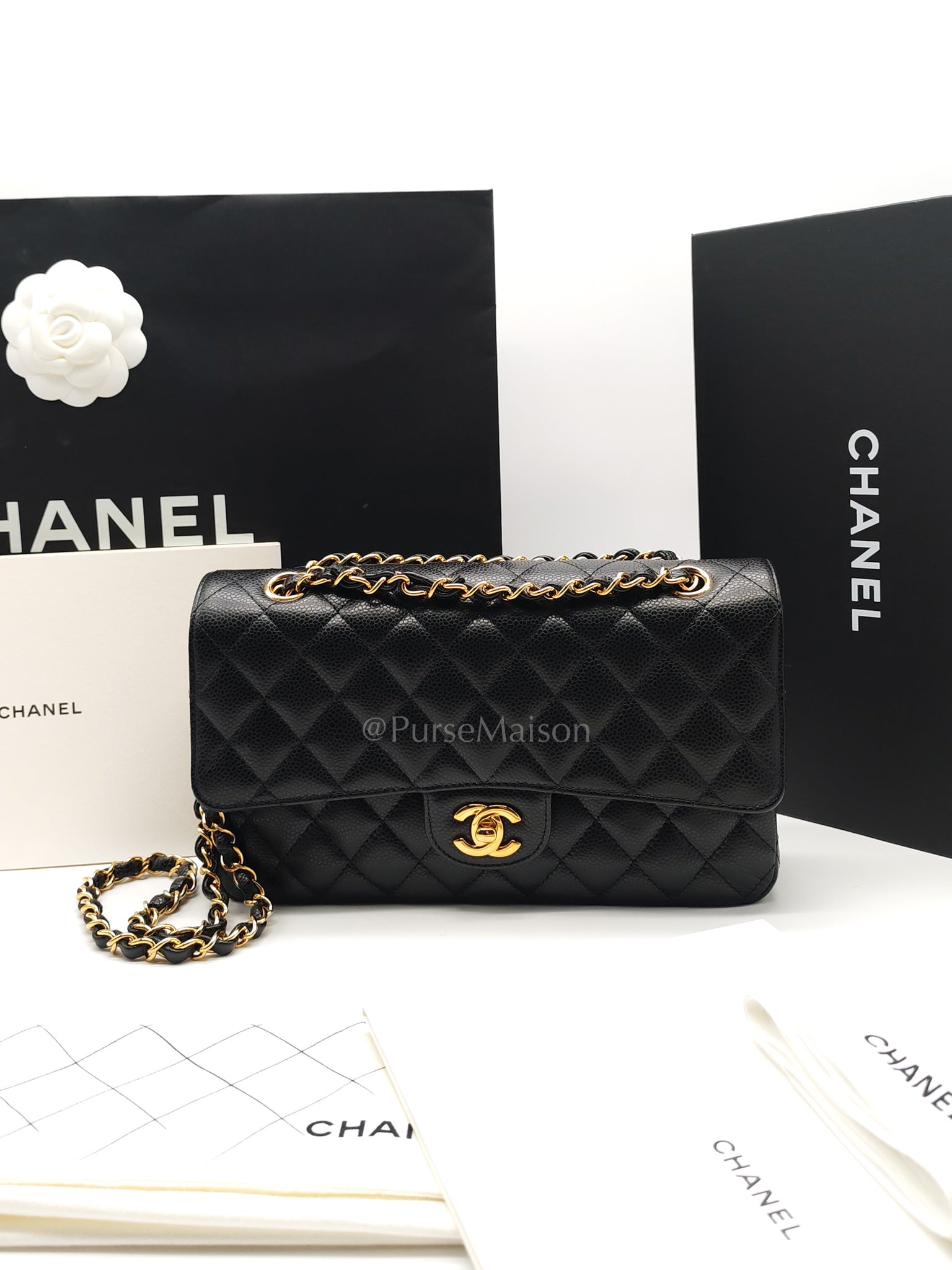 Classic Double Flap Medium in Black Caviar Leather and Gold Hardware (Microchip) | Purse Maison Luxury Bags Shop