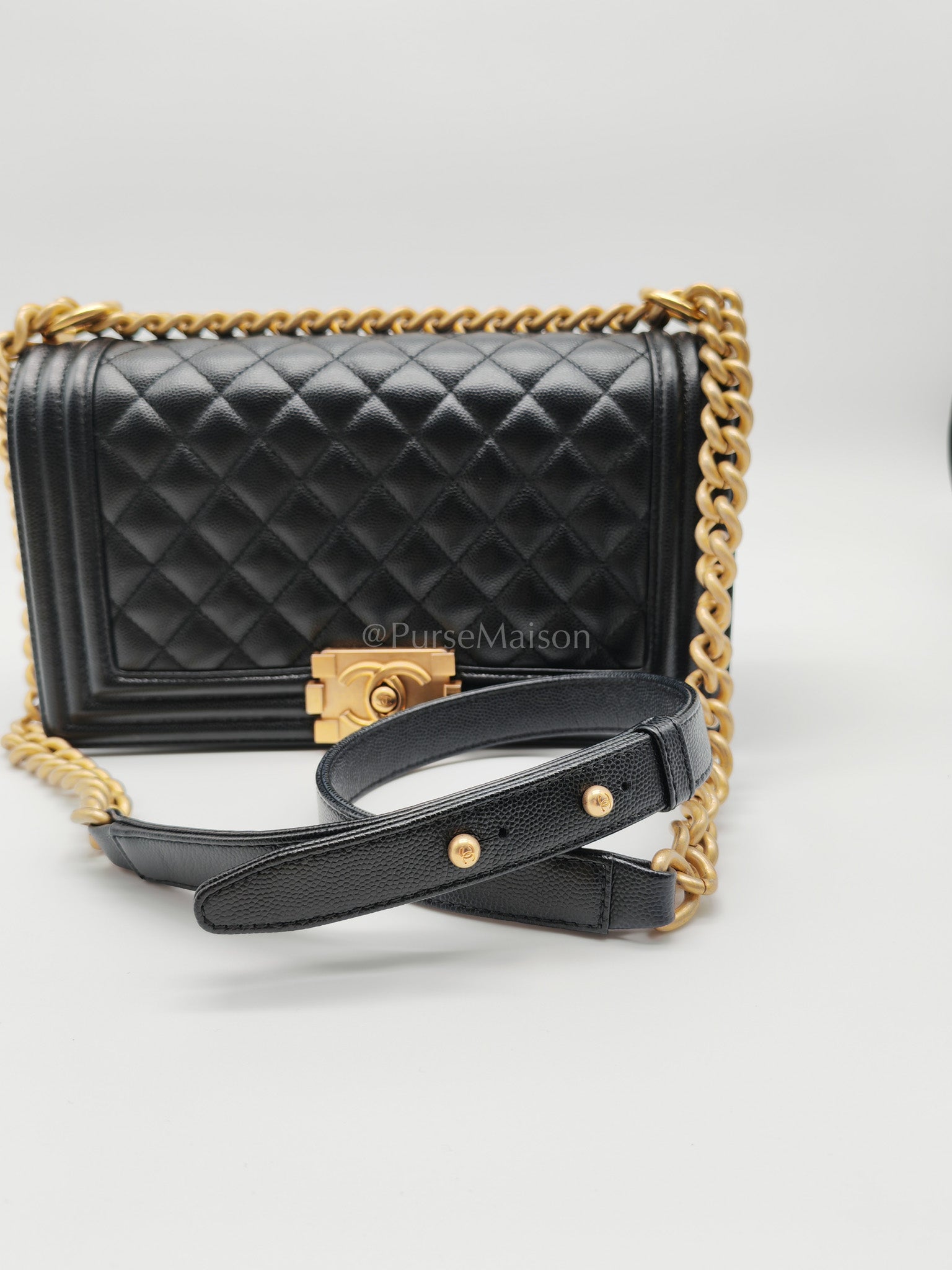 Le Boy Medium in Black Caviar Leather & Aged Gold Hardware (Microchip) | Purse Maison Luxury Bags Shop