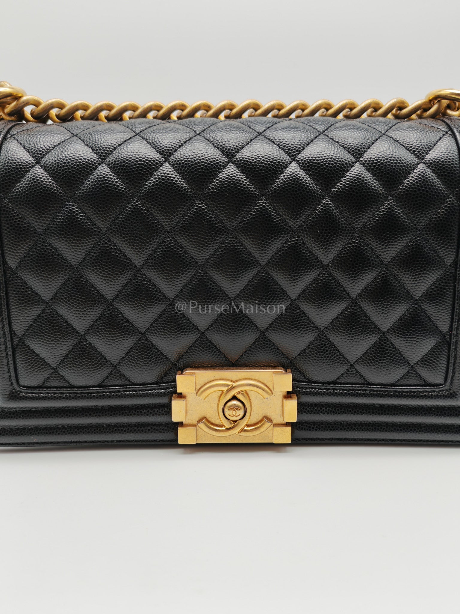 Le Boy Medium in Black Caviar Leather & Aged Gold Hardware (Microchip) | Purse Maison Luxury Bags Shop