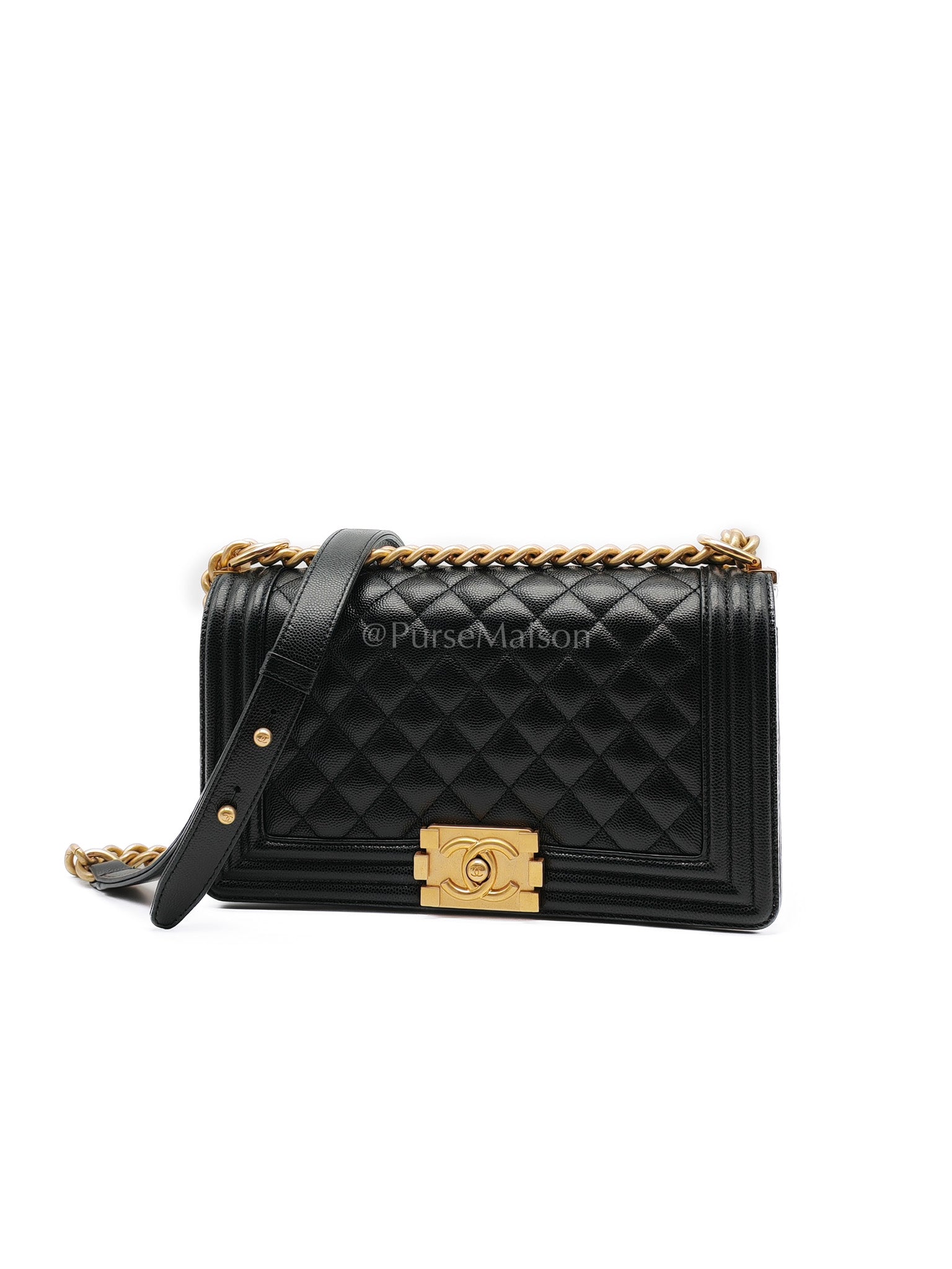 Le Boy Medium in Black Caviar Leather & Aged Gold Hardware (Microchip) | Purse Maison Luxury Bags Shop
