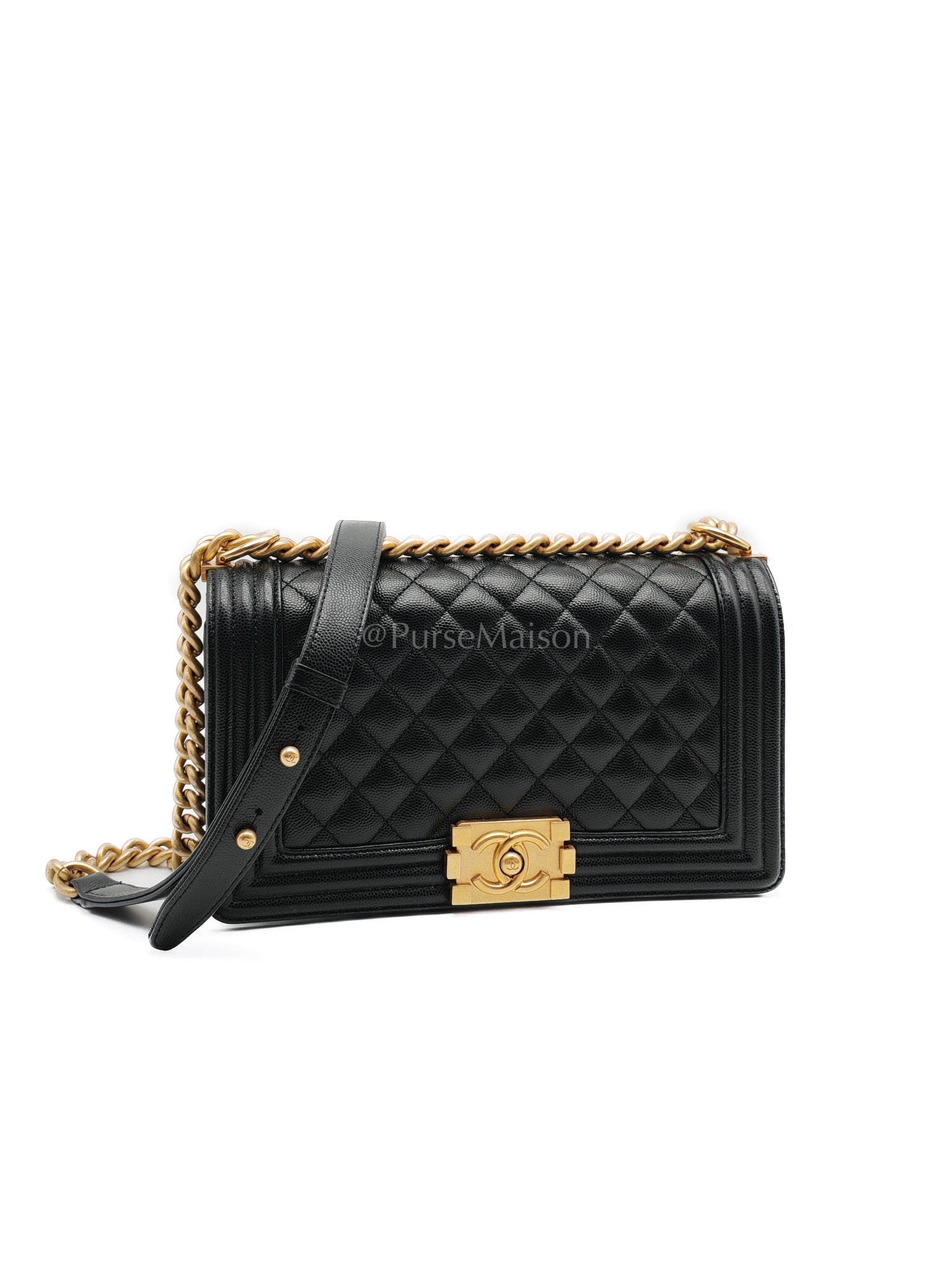 Le Boy Medium in Black Caviar Leather & Aged Gold Hardware (Microchip) | Purse Maison Luxury Bags Shop