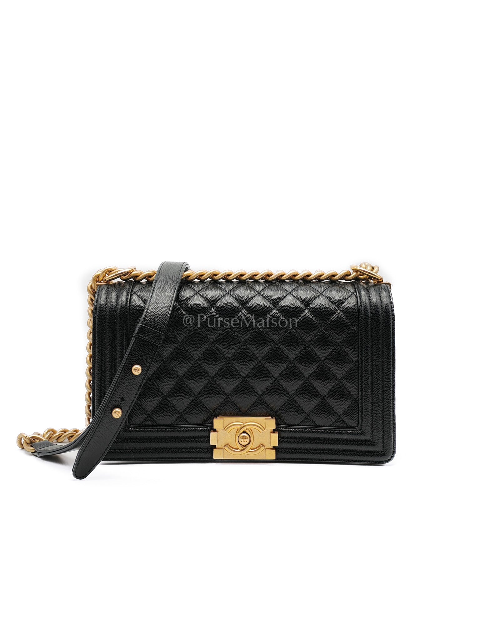 Le Boy Medium in Black Caviar Leather & Aged Gold Hardware (Microchip) | Purse Maison Luxury Bags Shop